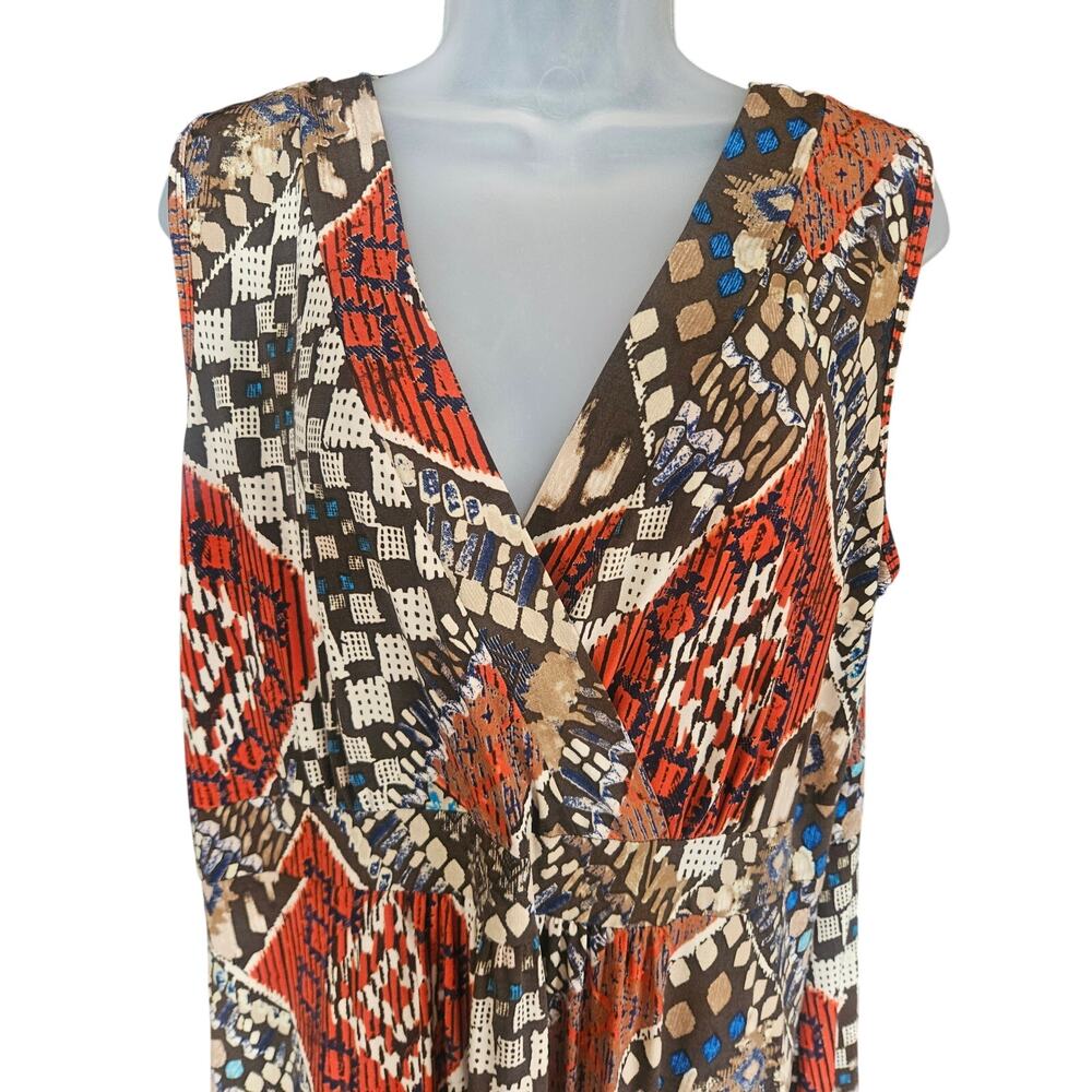 Susan Lawrence Brown Orange Maxi Dress Sz 2X Patchwork Sleeveless Stretchy Vneck - Picture 4 of 7